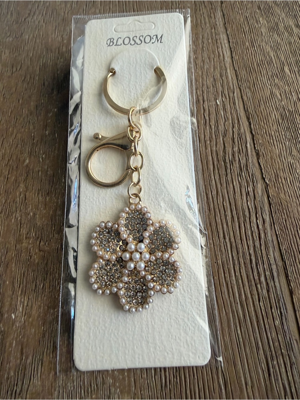 Blossom Gold-Tone Pearl & Rhinestone Flower Keychain Bag Charm, NWT